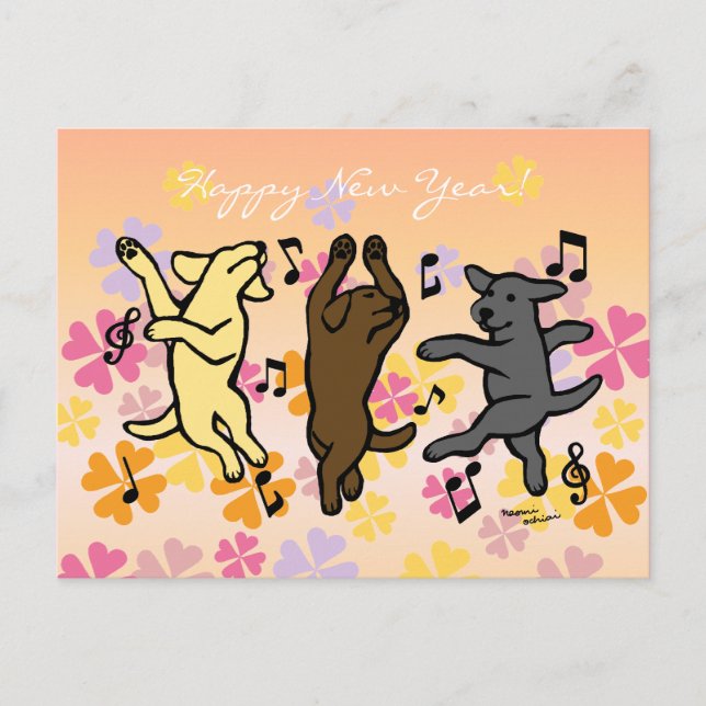 Postal Festiva Dibujo animado de baile feliz del trío de Labrador (Anverso)