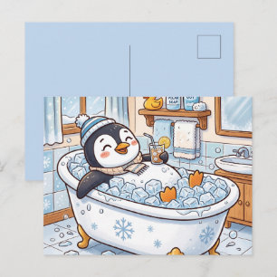 Postal Festiva Dibujo Animado Lindo Pingüino Feliz Tomando un Bañ