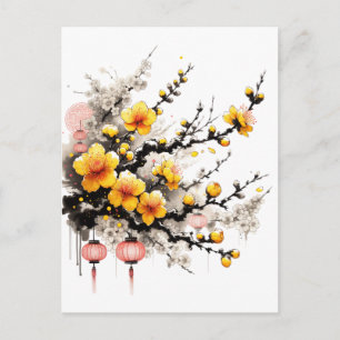 Postal Festiva Dibujo con tinta de Hoa Mai Feliz Año Nuevo