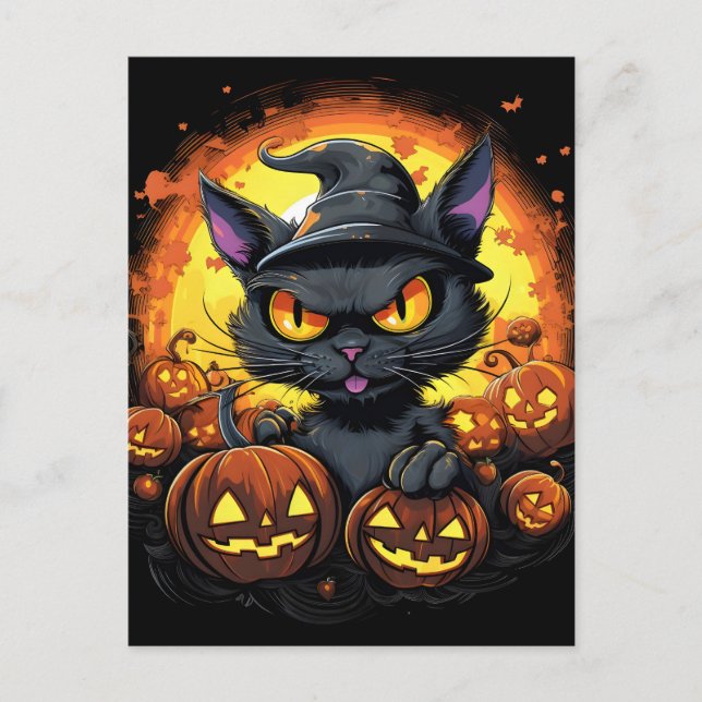 Postal Festiva Dibujo de Halloween de bruja espeluznante gato (Anverso)