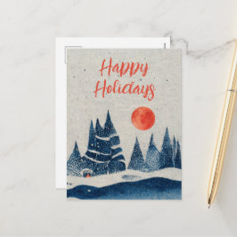 Postal Festiva Dibujo de paisaje invernal bosque luna azul marino