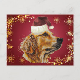 Postal Festiva Dibujo del golden retriever con el gorra de Santa