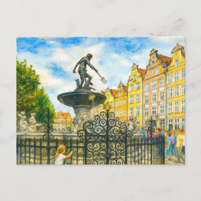 Postal Festiva Dibujo en pastel de la fuente Neptuno de Danzig so (Anverso)