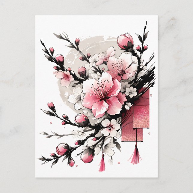 Postal Festiva Dibujo en tinta de Hoa Dao Feliz Año Nuevo (Anverso)