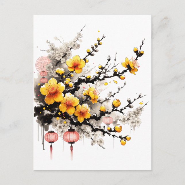 Postal Festiva Dibujo en tinta de Hoa Mai Feliz Año Nuevo (Anverso)