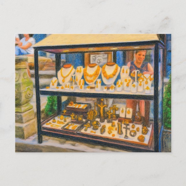 Postal Festiva Dibujo pastel de la calle ámbar de Danzig con tien (Anverso)