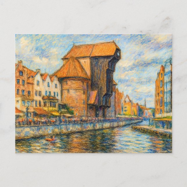 Postal Festiva Dibujo pastel de la entrada histórica de la grúa d (Anverso)