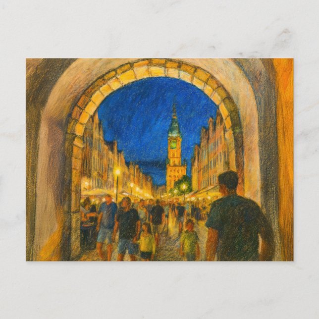 Postal Festiva Dibujo pastel de la puerta de la ciudad de Danzig  (Anverso)