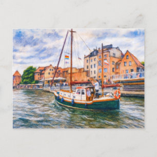 Postal Festiva Dibujo pastel de velero en Motlawa en Danzig ol
