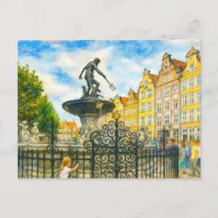 Postal Festiva Dibujo pastel del surtidor de Neptuno de Danzig en