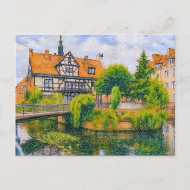 Postal Festiva Dibujo pastel del viejo molino de Danzig en Raduni (Anverso)