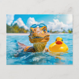 Postal Festiva Dino Bañándose con un pato de goma