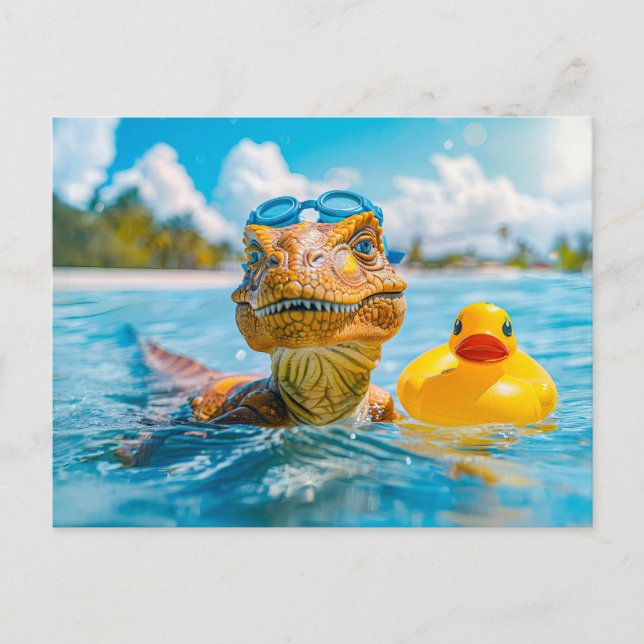 Postal Festiva Dino Bañándose con un pato de goma (Anverso)