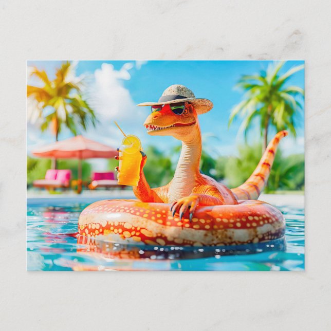 Postal Festiva Dino en la piscina con cóctel (Anverso)
