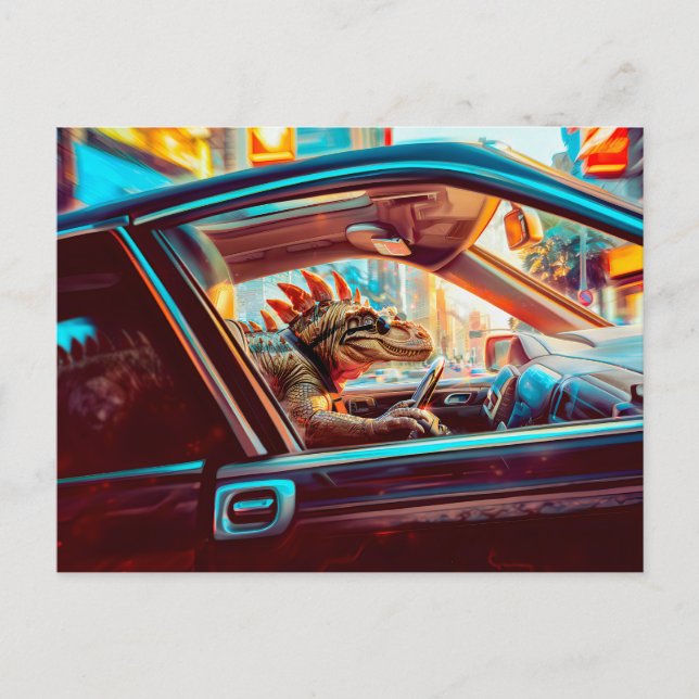 Postal Festiva Dino urbano conduciendo por la ciudad de Neon (Anverso)
