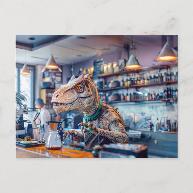 Postal Festiva Dinosaur Barista en un moderno café (Anverso)