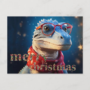 Postal Festiva Dinosaurio azul usando gafas Navidades bufanda