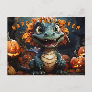 Postal Festiva Dinosaurio De Halloween En Bosque Con Calabazas
