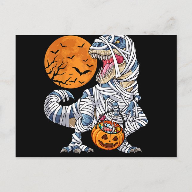 Postal Festiva Dinosaurio de Halloween T rex Momia Calabaza (Anverso)
