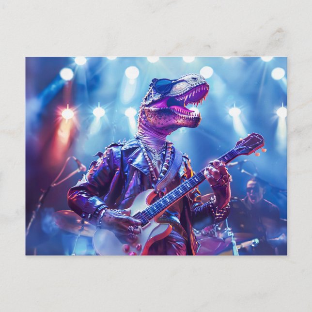Postal Festiva Dinosaurio estrella en el escenario (Anverso)