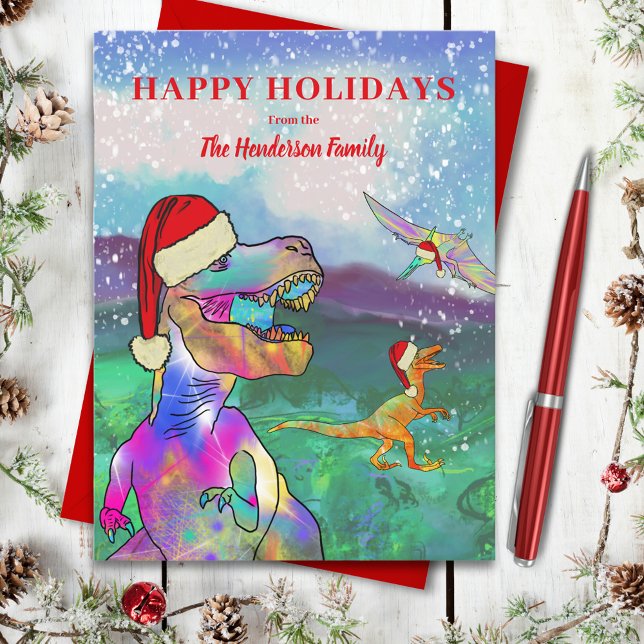 Postal Festiva Dinosaurios navidades con presupuesto Santa Hats (Christmas dinosaurs wearing Santa hats custom budget holiday greetings postcard)
