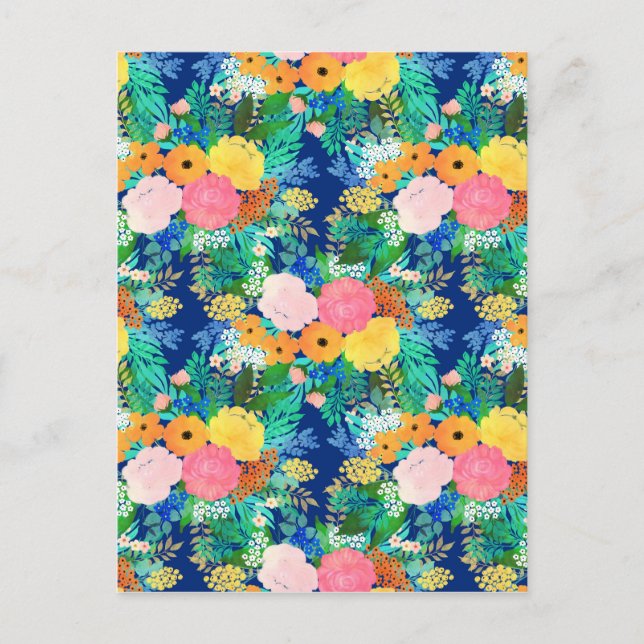 Postal Festiva Diseño Boho de Flores Rosa Azul bonito (Anverso)