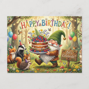 Postal Festiva Diseño de cumpleaños de gnomo de jardín del bosque