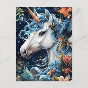 Postal Festiva Diseño de fantasía de unicornio y flores