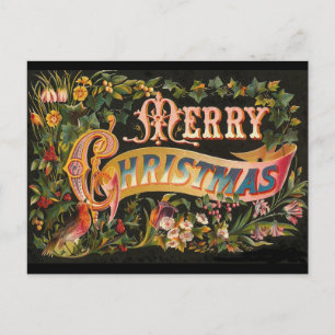 Postal Festiva Diseño de Flor Vintage Merry Christmas