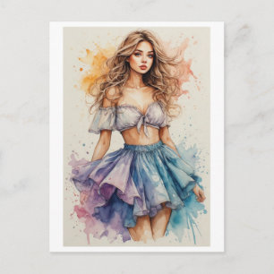 Postal Festiva Diseño de joven dama en acuarela y colorido en una