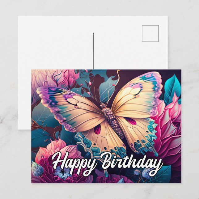 Postal Festiva Diseño de mariposa flotante feliz cumpleaños (Anverso / Reverso)