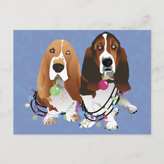 Postal Festiva Diseño de Navidades de Basset Hound Peace Love Joy (Anverso)