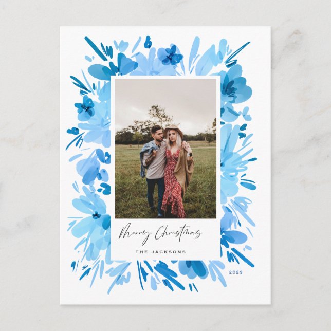 Postal Festiva Diseño de Navidades florales azules abstractos de  (Anverso)