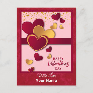 Postal Festiva Diseño de San Valentín de Corazones Rojos y Dorado