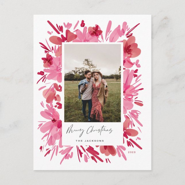 Postal Festiva Diseño de vacaciones de Navidades florales rojas a (Anverso)