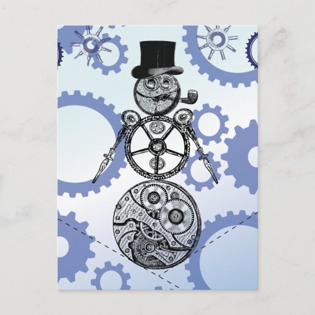 Postal Festiva Diseño de vacaciones Steampunk Snowman Gear (Anverso)