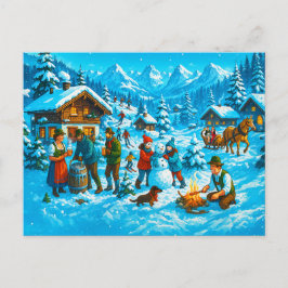Postal Festiva Diversión de invierno en pueblo alpino