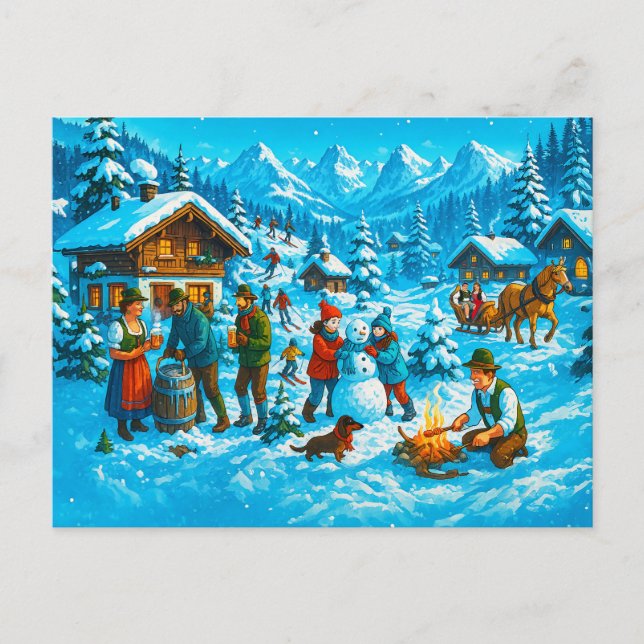 Postal Festiva Diversión de invierno en pueblo alpino (Anverso)