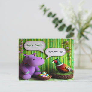Postal Festiva Diversión verde de Pascua: Hippo y huevos faisanes