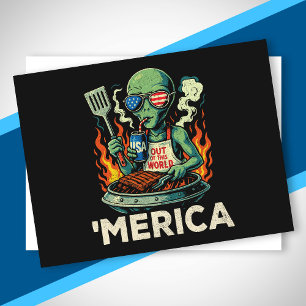 Postal Festiva Divertida Parrilla BBQ Alienígena Patriótica Retro