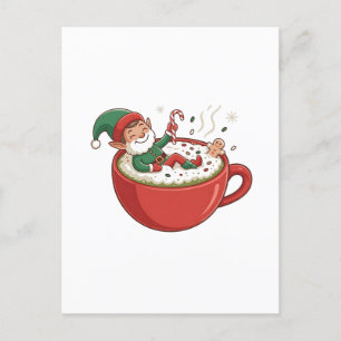 Postal Festiva Divertido Elf tomando bathub en una bebida Matcha