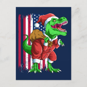 Postal Festiva Divertidos Navidades azules Santa TRex Tyrannosaur