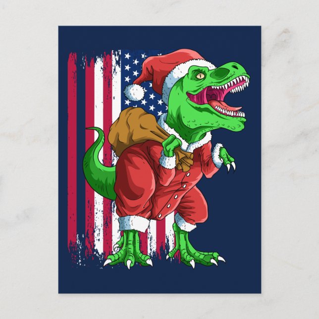 Postal Festiva Divertidos Navidades azules Santa TRex Tyrannosaur (Anverso)