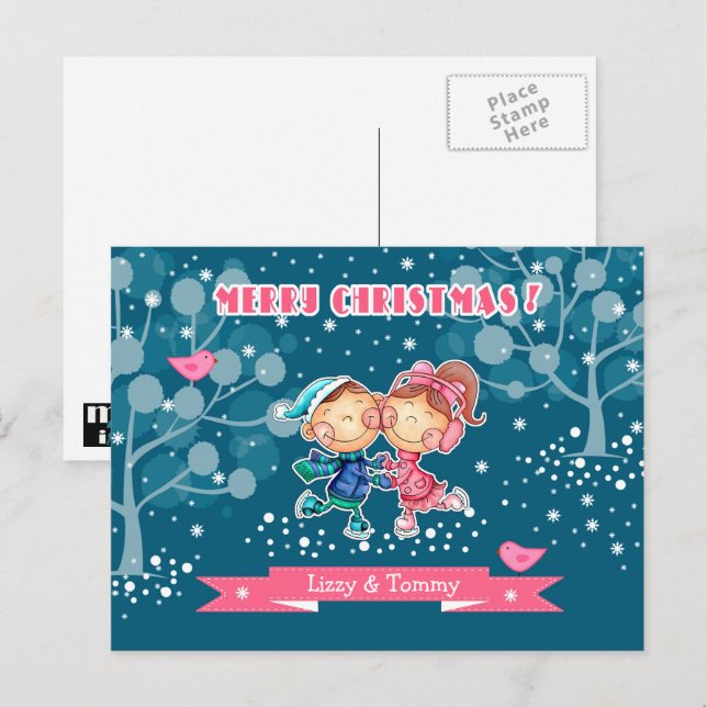 Postal Festiva Divertidos Navidades de patinaje infantil (Anverso / Reverso)