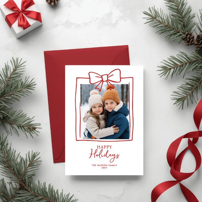 Postal Festiva Doddle Hand Drawow Navidades foto de feriado (Cute Red Christmas Hand-Drawn Bow Ribbon Holiday Card)