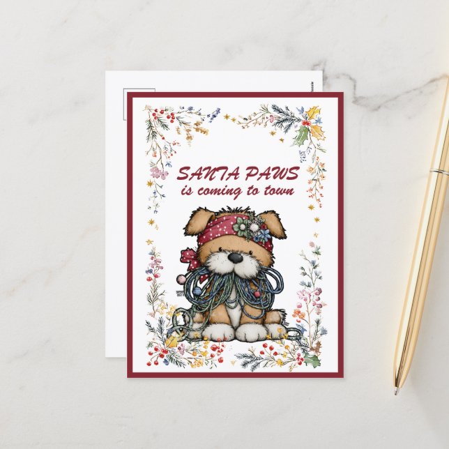 Postal Festiva Dog Christmas Lights SANTA  PAWS is Coming to Town (Anverso/Reverso In Situ)
