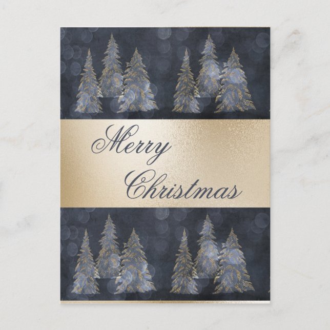 Postal Festiva Dorado Metálico Blue Elegant Pine Merry Christmas  (Anverso)