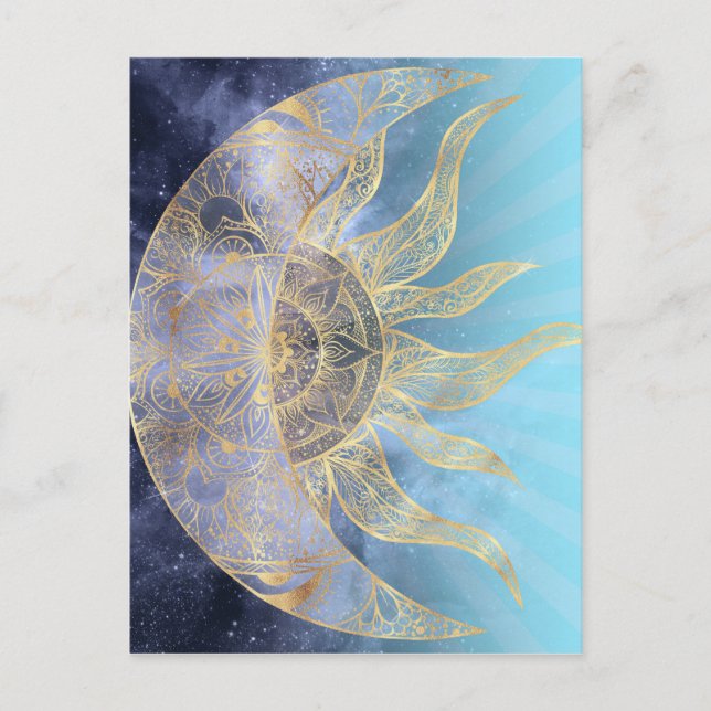 Postal Festiva Dorado Moon Sun Mandala Diseño Celeste (Anverso)