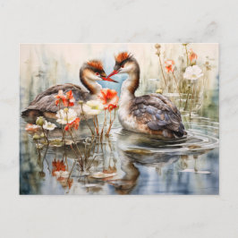 Postal Festiva Dos grebes entre las plantas de estanque blanco