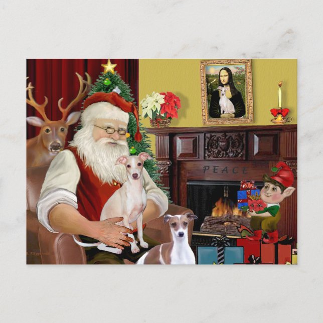 Postal Festiva Dos Greyhounds italianos de Santa (Anverso)